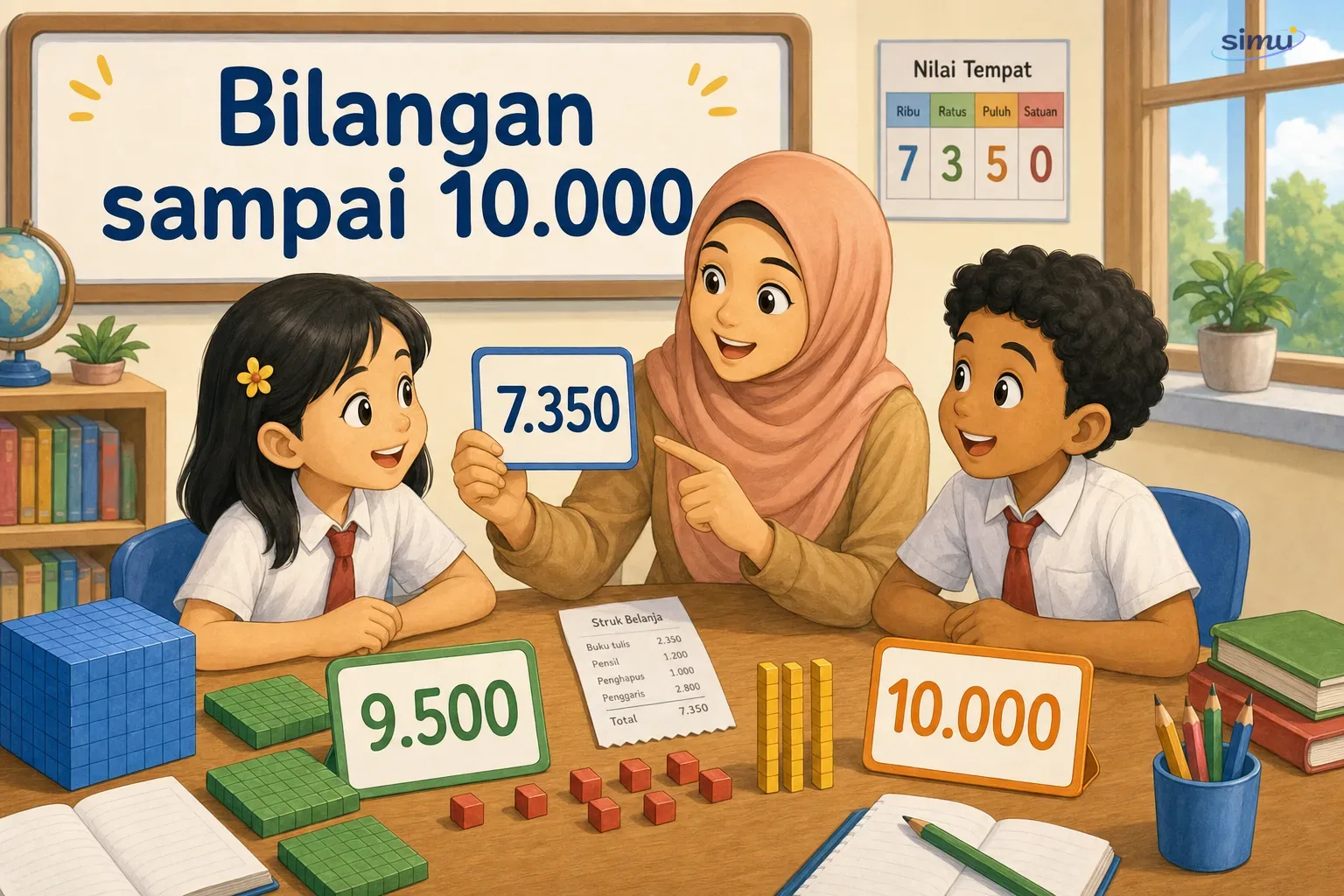 Ibu guru dan siswa belajar bilangan sampai 10.000