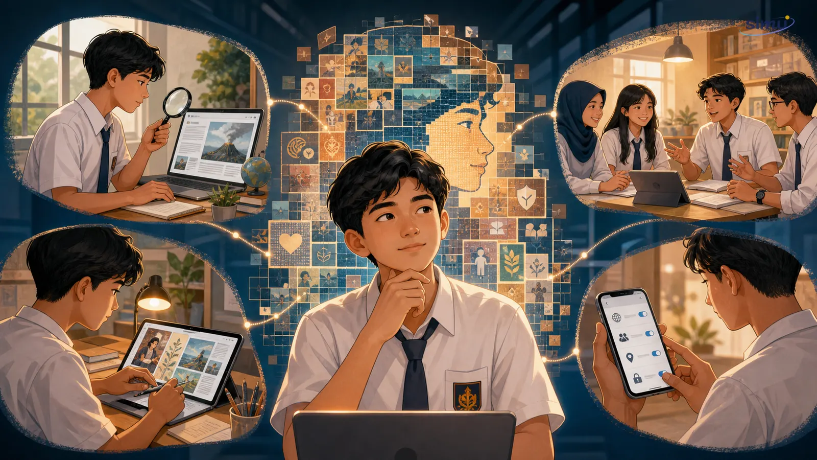 A student surrounded by four activities: checking a digital source, discussing respectfully, creating a digital project, and reviewing privacy settings