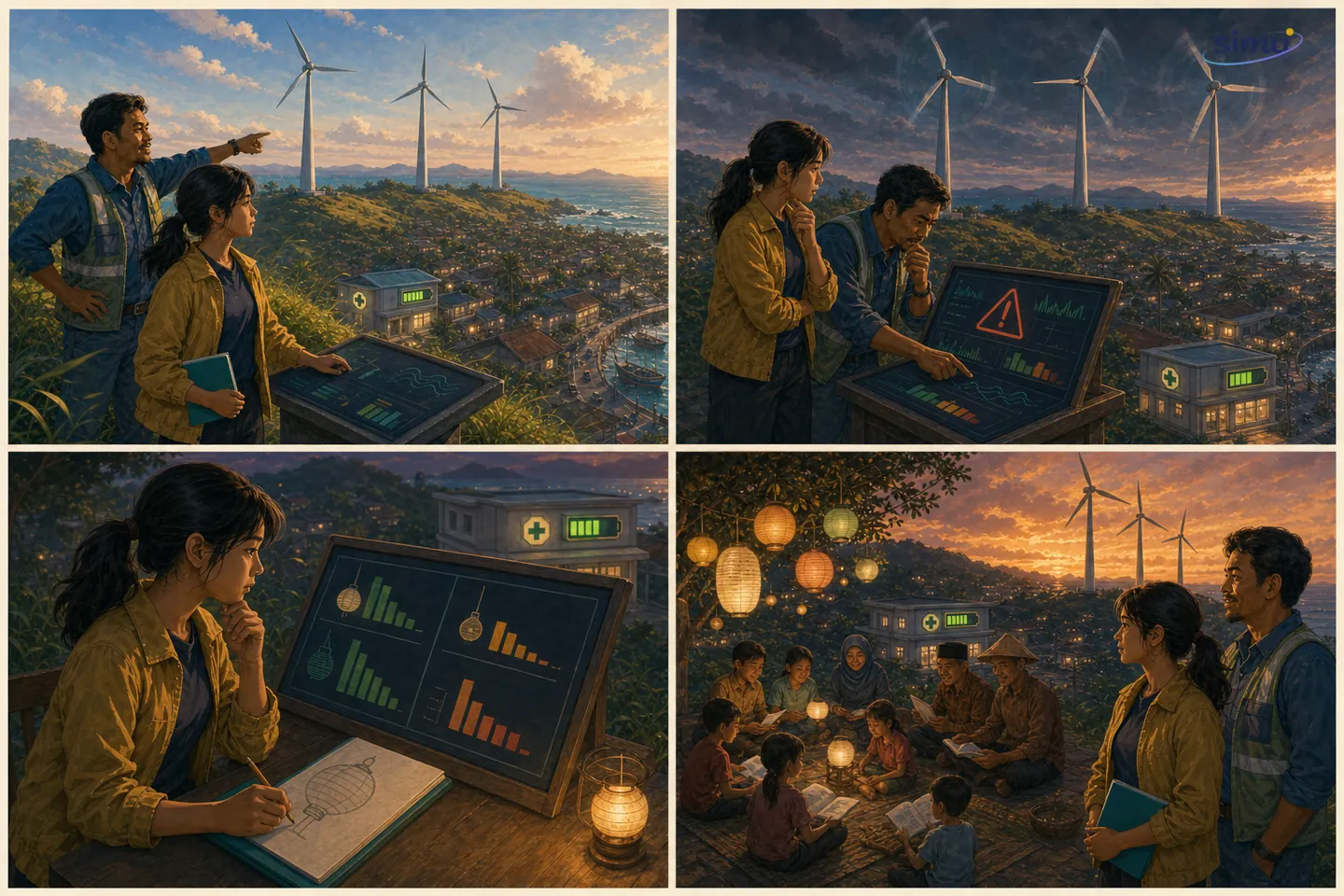 Empat panel storyboard Tanjung Aruna yang memperlihatkan pengenalan, masalah, proses berpikir, dan penyelesaian
