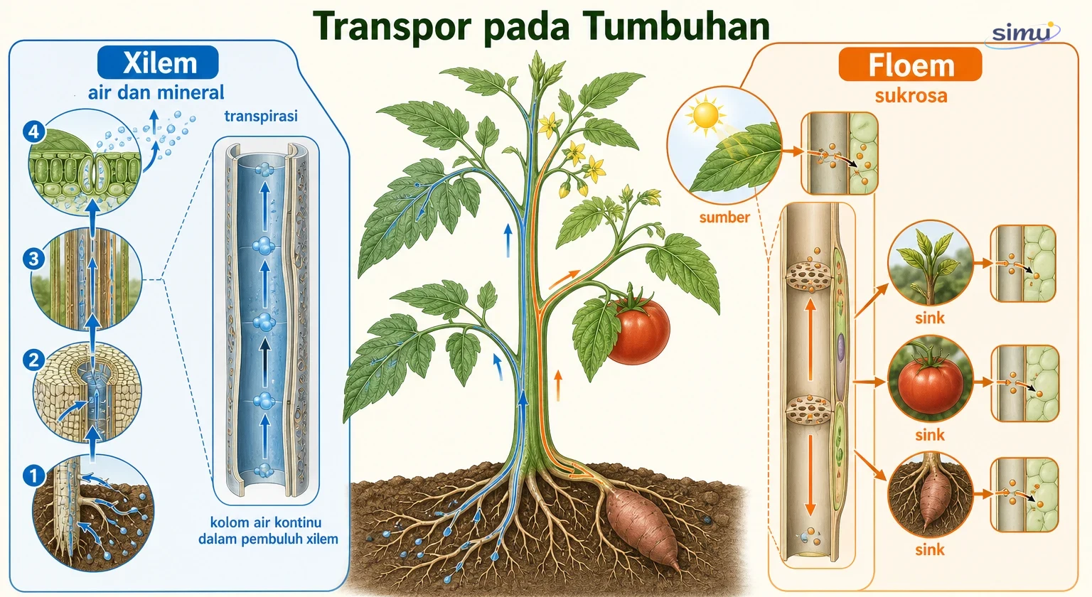 Perbandingan jalur transpor xilem dan floem