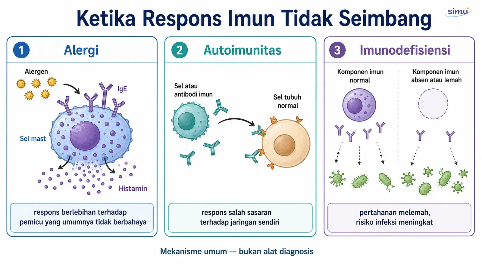 Perbandingan mekanisme umum alergi, autoimunitas, dan imunodefisiensi