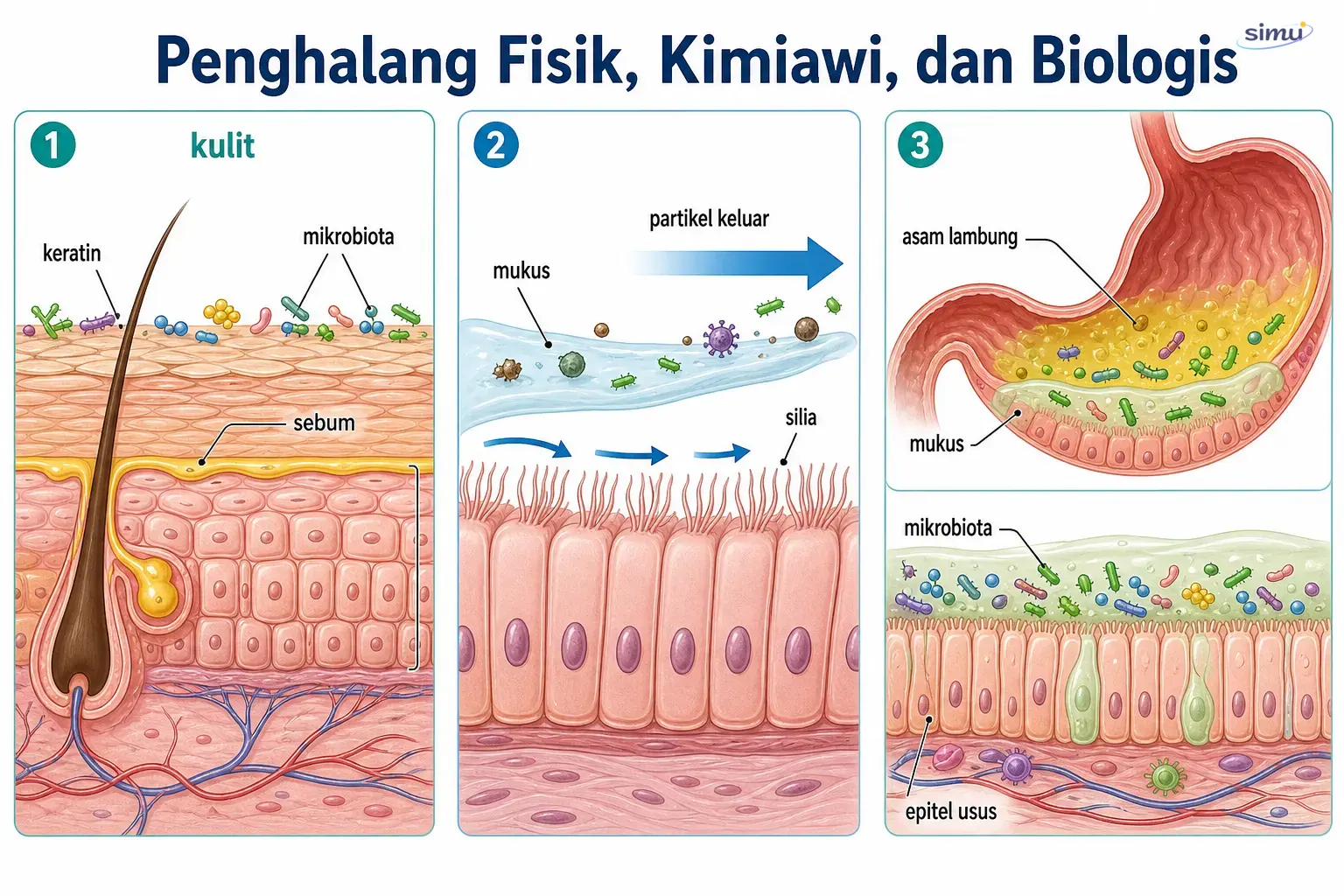 Penghalang pada kulit, saluran pernapasan, lambung, dan usus