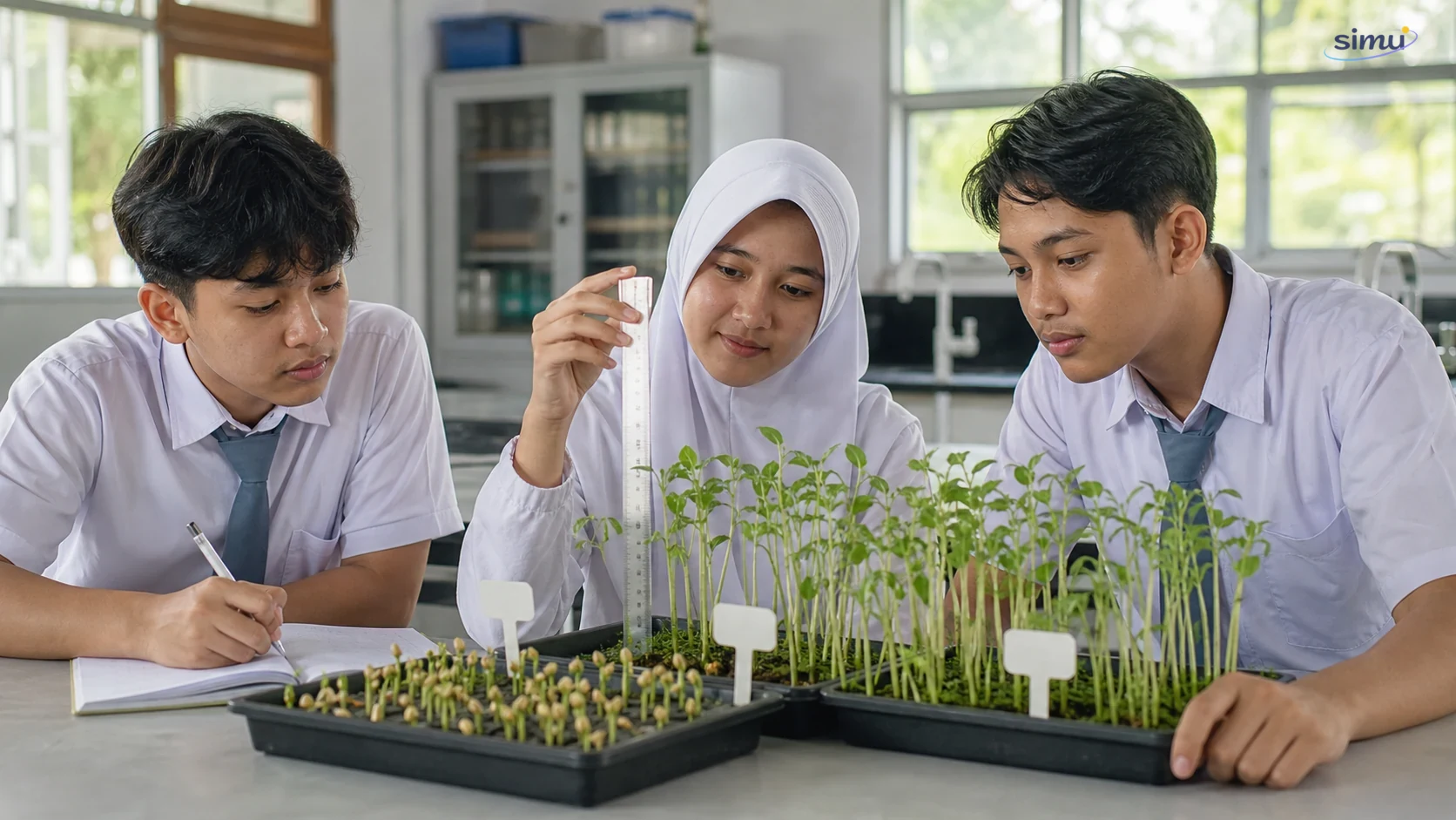 Tiga siswa SMA mengukur dan mencatat pertumbuhan kecambah pada beberapa baki perlakuan