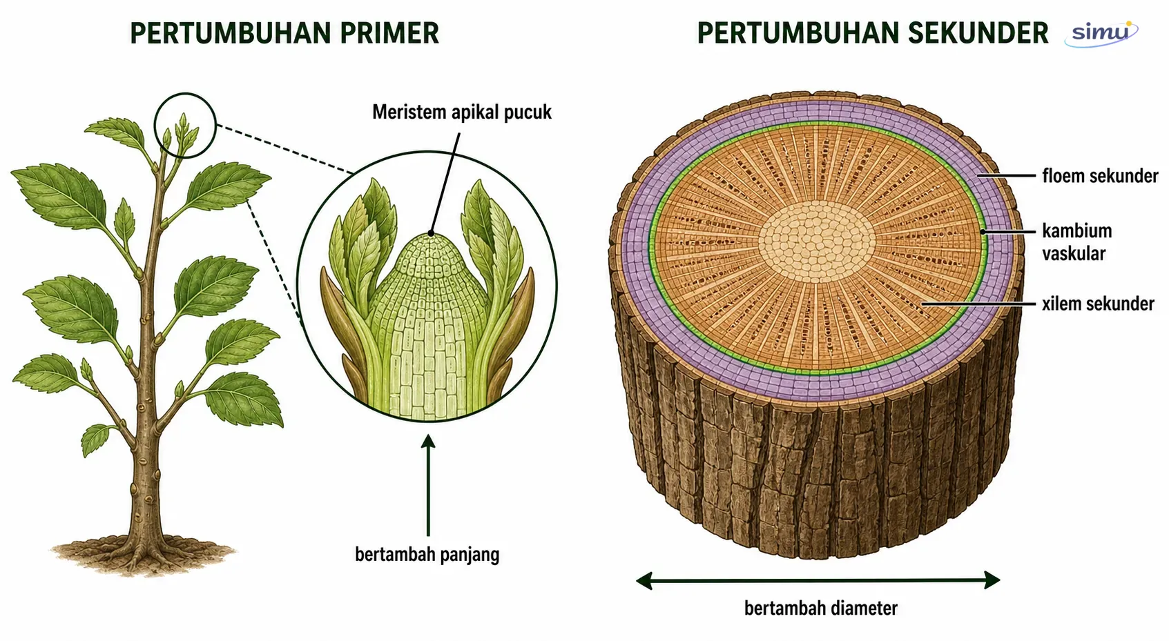 Meristem apikal pucuk dan penampang batang menunjukkan pertumbuhan primer dan sekunder