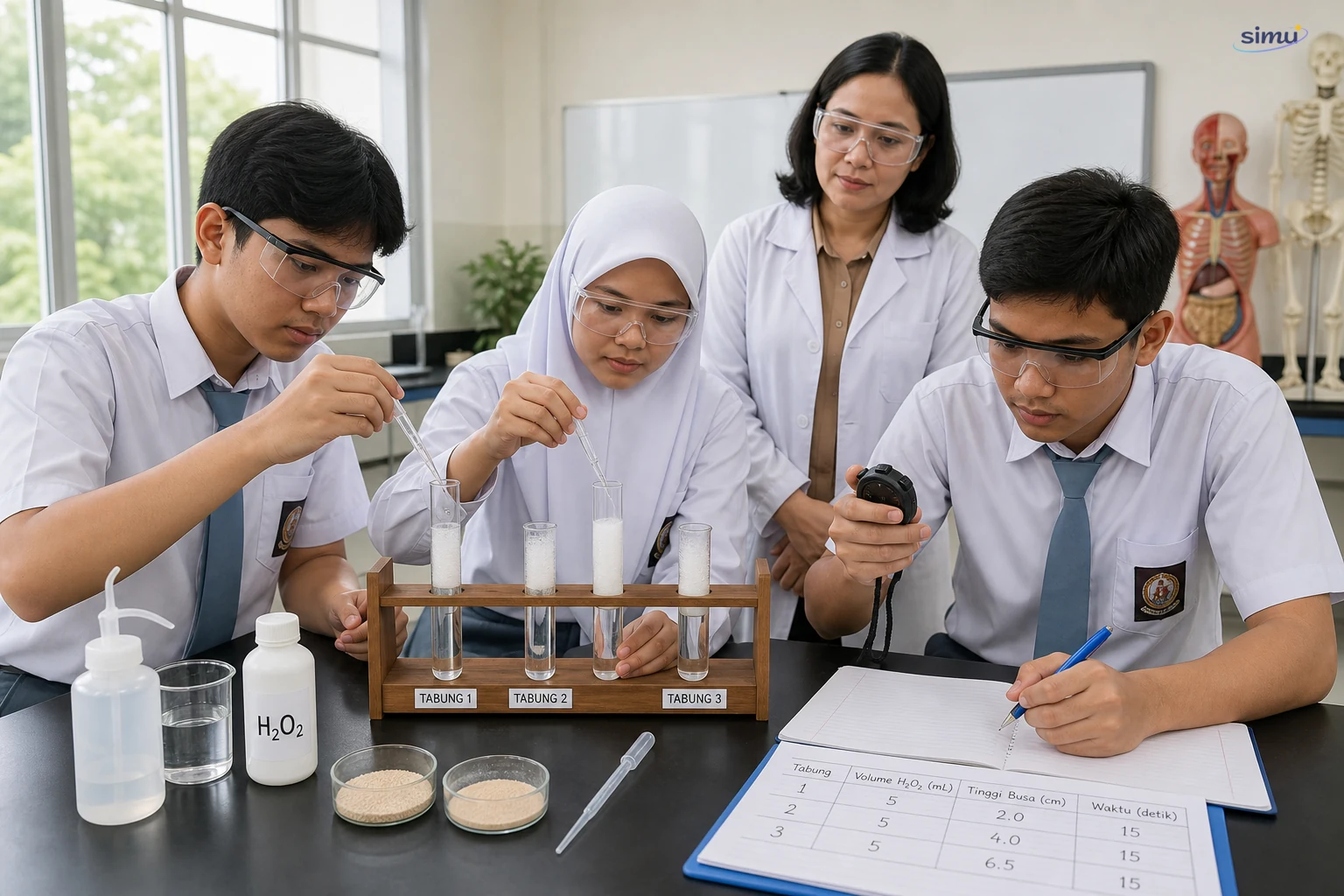 Tiga siswa SMA menyelidiki aktivitas katalase ragi dengan perlakuan terkontrol