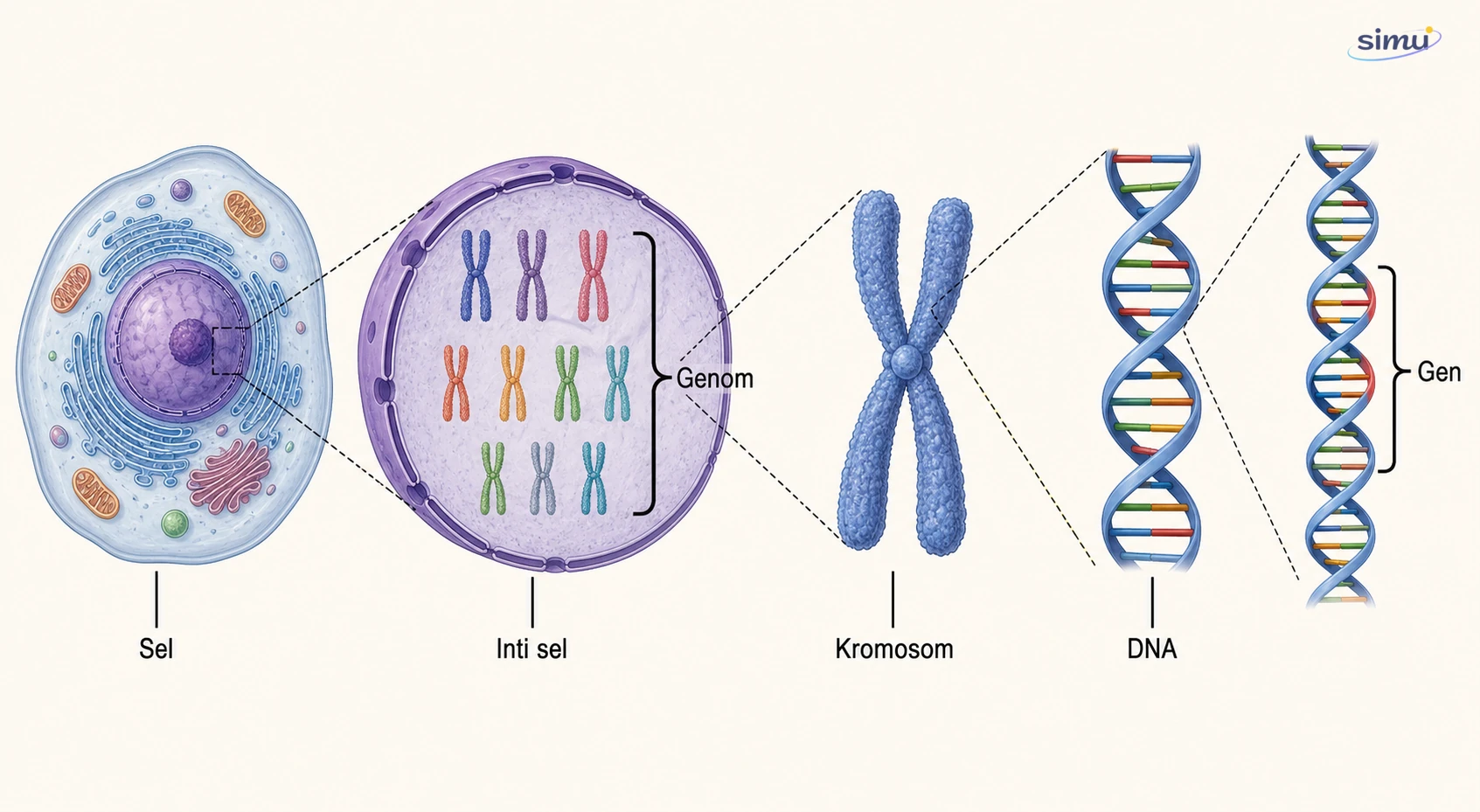 Hubungan sel, inti, genom, kromosom, DNA, dan gen