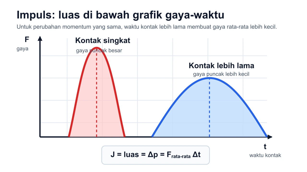 Grafik impuls gaya terhadap waktu: luas di bawah kurva sama dengan perubahan momentum
