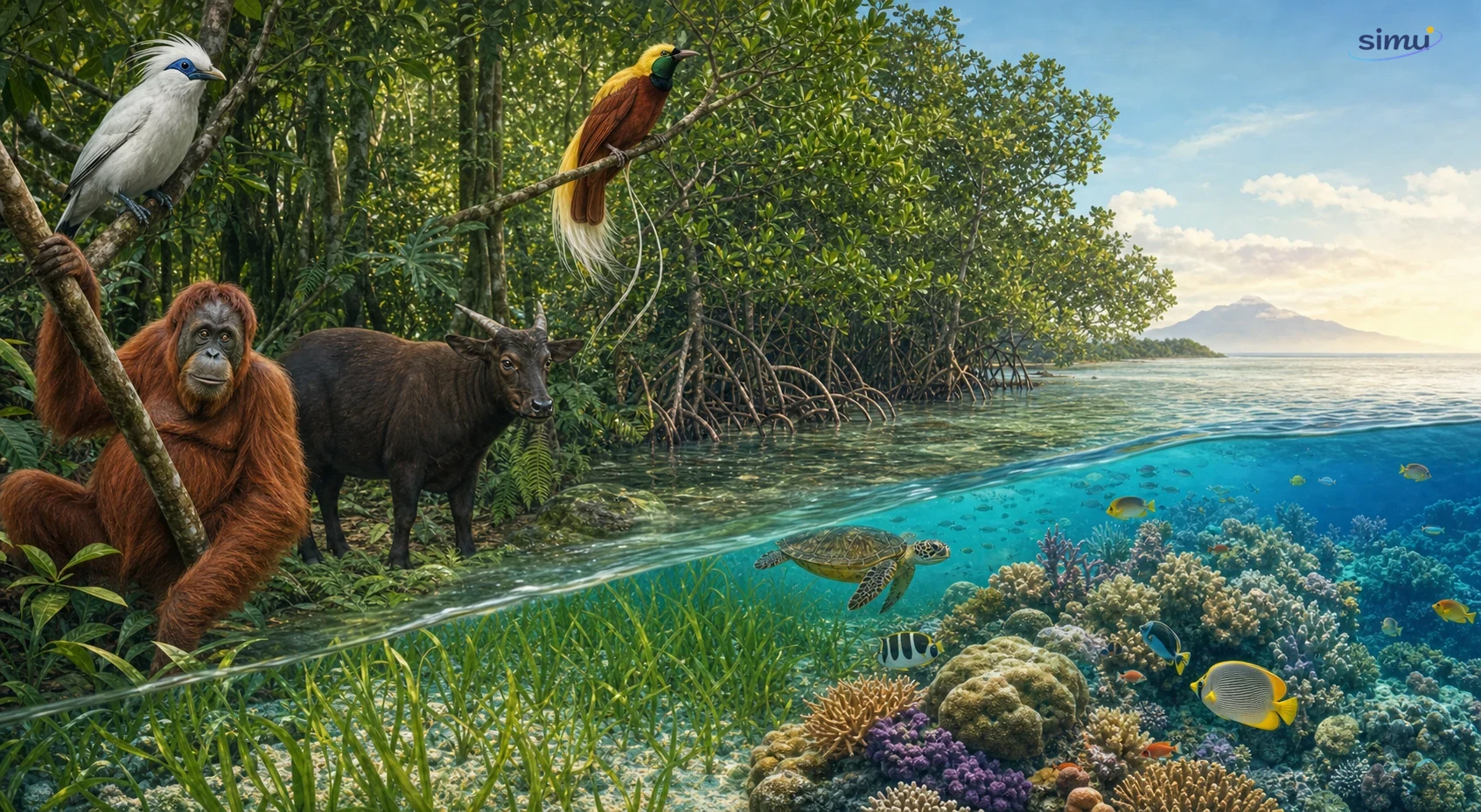Ilustrasi komposit kekayaan ekosistem dan fauna Indonesia