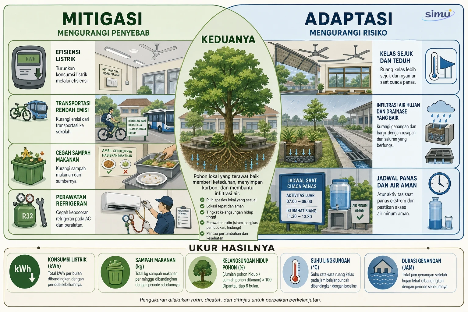 Perbedaan mitigasi dan adaptasi serta contoh tindakan terukur di lingkungan sekolah