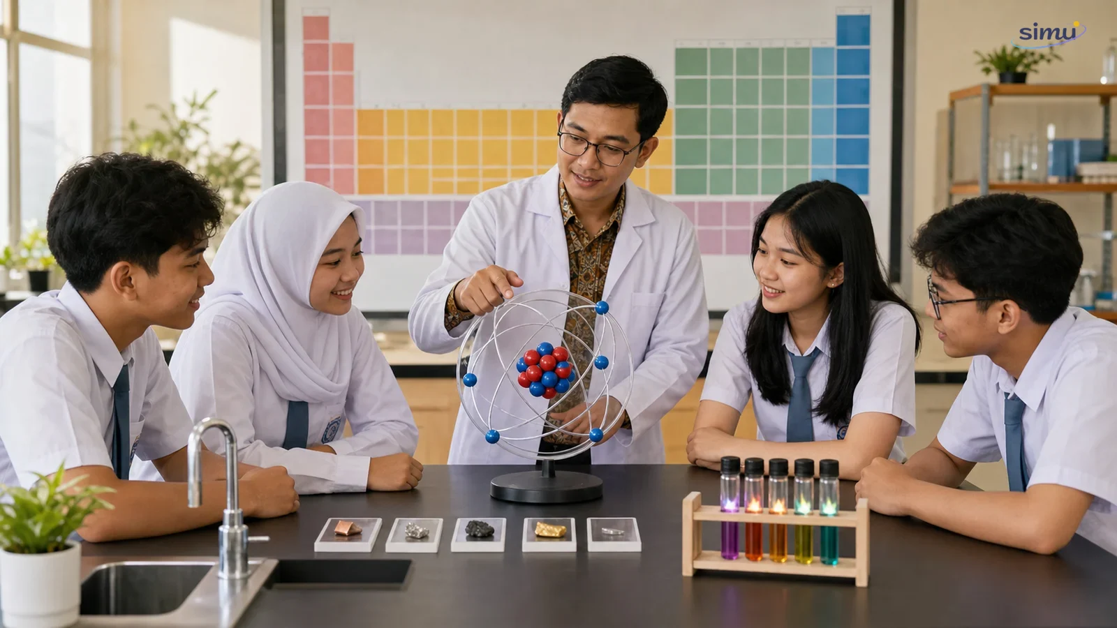 Siswa SMA mengamati model atom, spektrum nyala, sampel unsur, dan tabel periodik besar untuk memulai bab struktur atom dan sistem periodik unsur