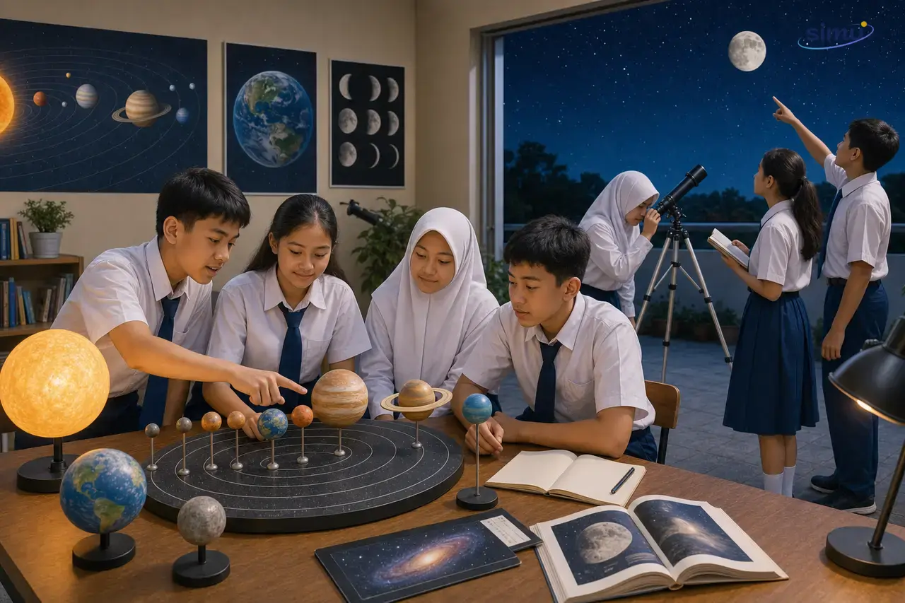 Siswa mengamati langit malam dan model tata surya