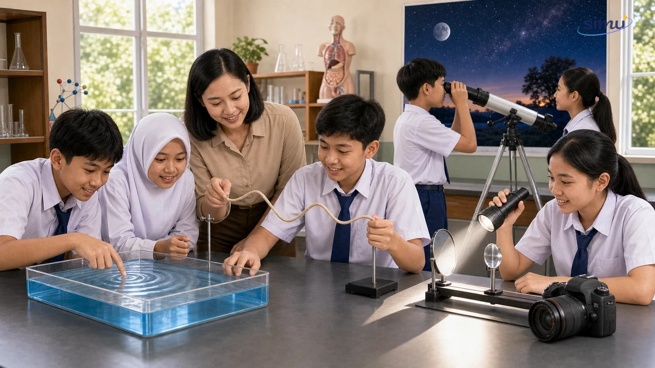 Siswa mengamati riak air, gelombang tali, senter, cermin, lensa, kamera, dan teleskop sebagai pengantar manfaat gelombang serta cahaya