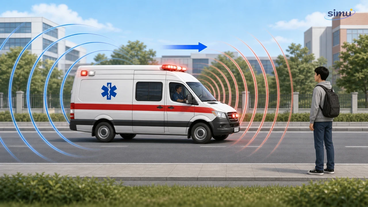 Ambulans bergerak melewati pendengar dengan gelombang bunyi lebih rapat di depan dan lebih renggang di belakang untuk menjelaskan efek Doppler