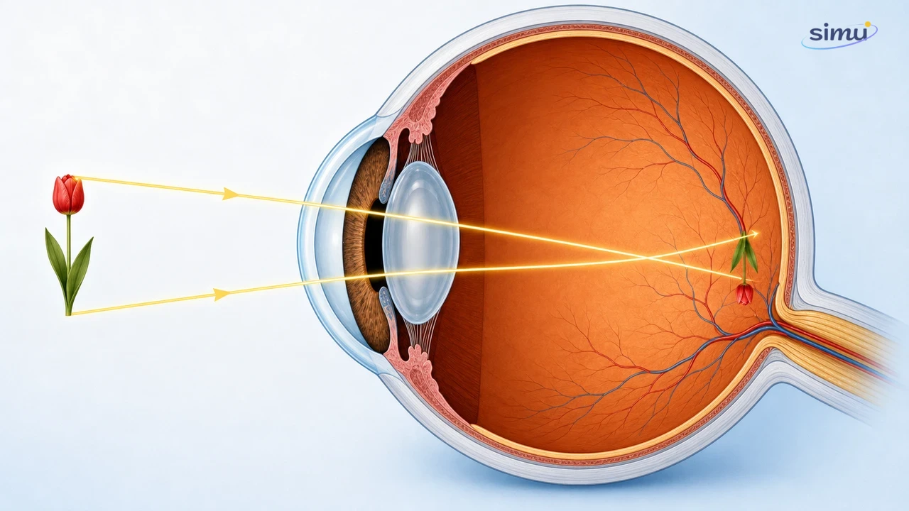 Penampang mata manusia menunjukkan cahaya masuk melalui kornea, pupil, lensa, lalu membentuk bayangan pada retina