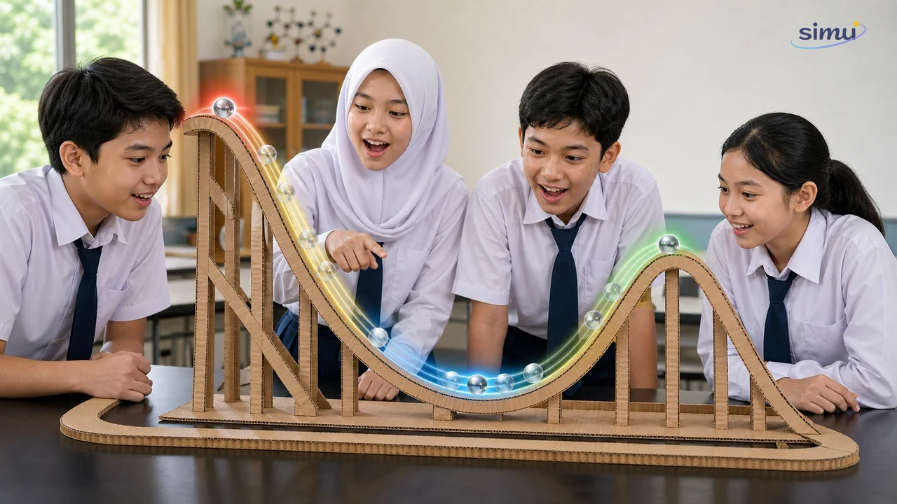 Model roller coaster kardus menunjukkan perubahan energi potensial menjadi energi kinetik