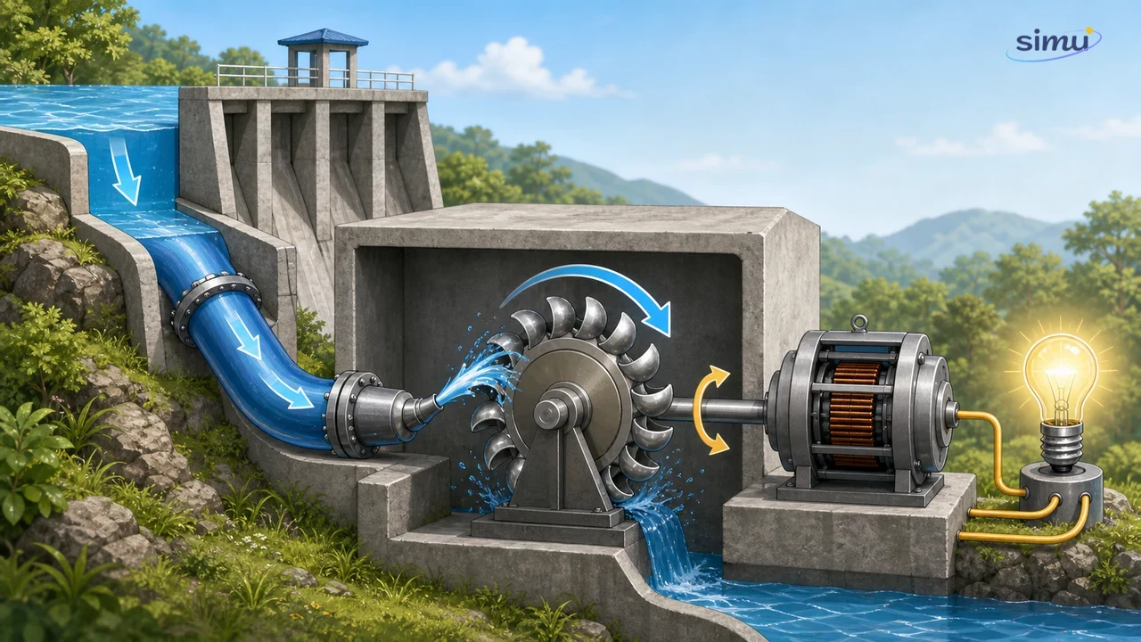 Air dari bendungan mengalir memutar turbin dan generator sebagai contoh perubahan energi
