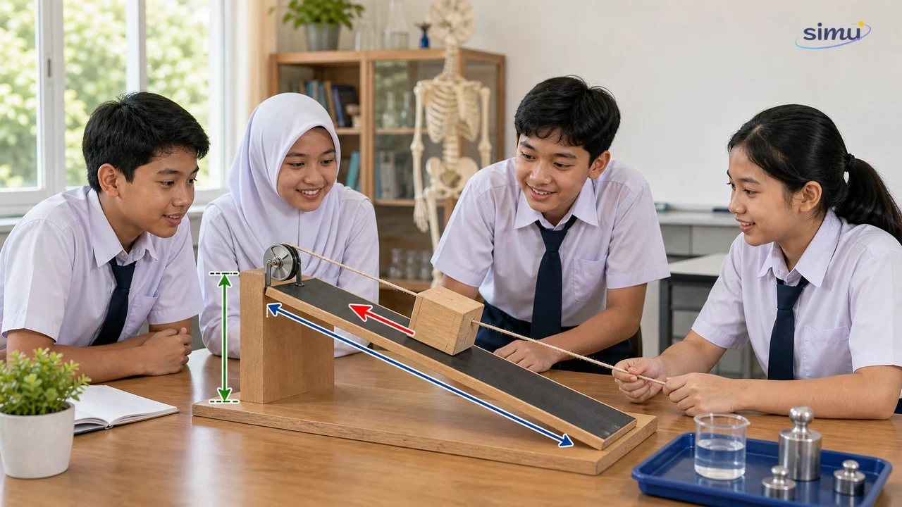Peti didorong menaiki papan miring ke bak truk dengan gaya lebih kecil dan lintasan lebih panjang