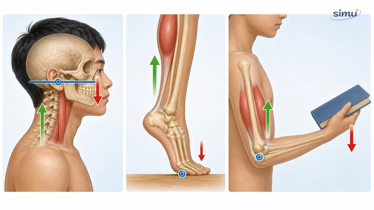 Lengan manusia dan kaki berjinjit sebagai contoh tuas pada sistem gerak tubuh