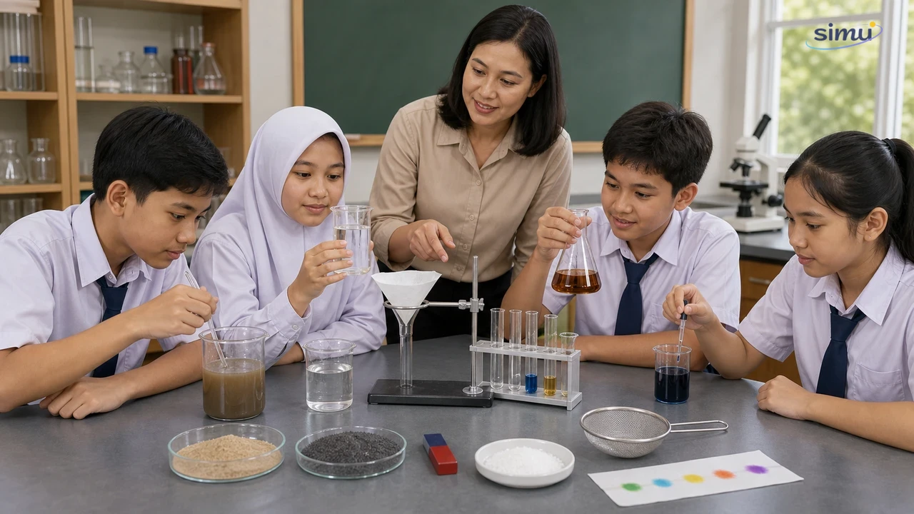Siswa mengamati campuran pasir-air, teh, tinta, garam, magnet, kertas saring, dan alat sederhana untuk mempelajari pemisahan campuran