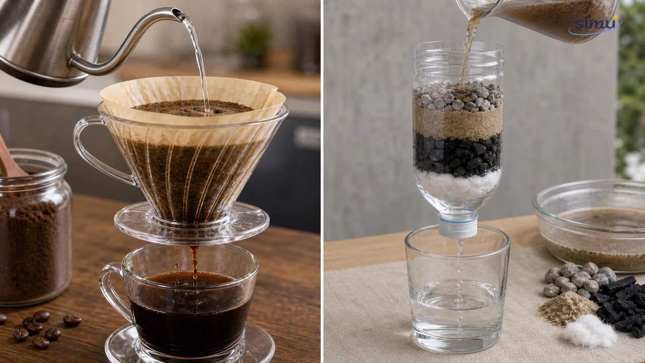 Filtrasi kopi dan air keruh dengan saringan sederhana sehingga ampas atau partikel tertahan di penyaring
