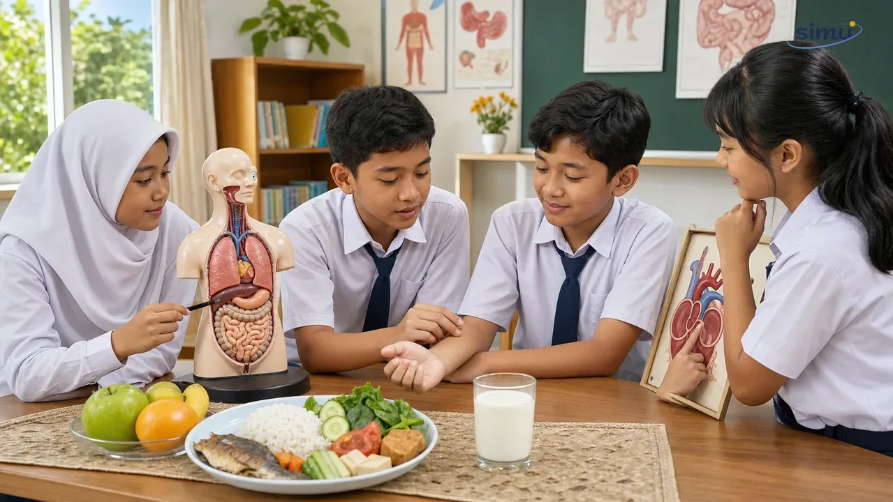 Siswa menghubungkan makanan sehat, sistem pencernaan, dan denyut nadi