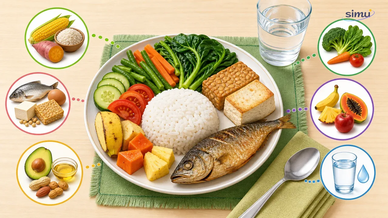 Piring makan seimbang dengan sumber karbohidrat, protein, sayur, buah, dan air