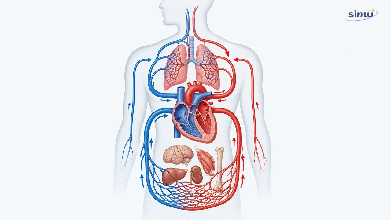 Peredaran darah pulmonal dan sistemik dengan panah merah dan biru
