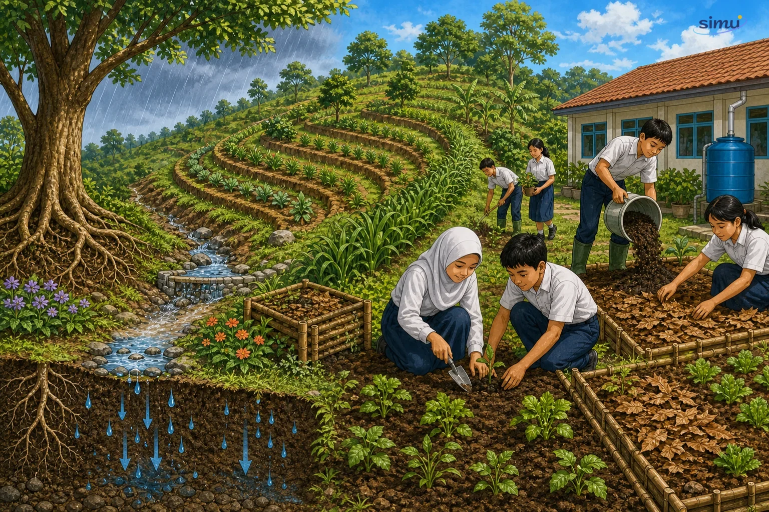 Upaya konservasi tanah melalui terasering, tanaman penutup, kompos, mulsa, dan peresapan air hujan
