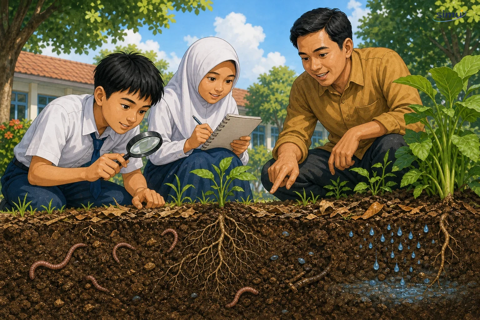 Siswa mengamati tanah sebagai ekosistem hidup di kebun sekolah