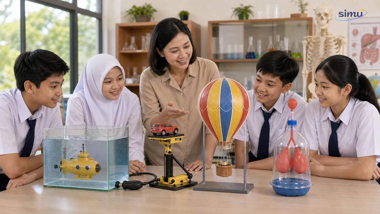 Siswa mengamati model kapal selam, dongkrak hidrolik mini, balon udara, dan paru-paru buatan sebagai pengantar tekanan pada zat