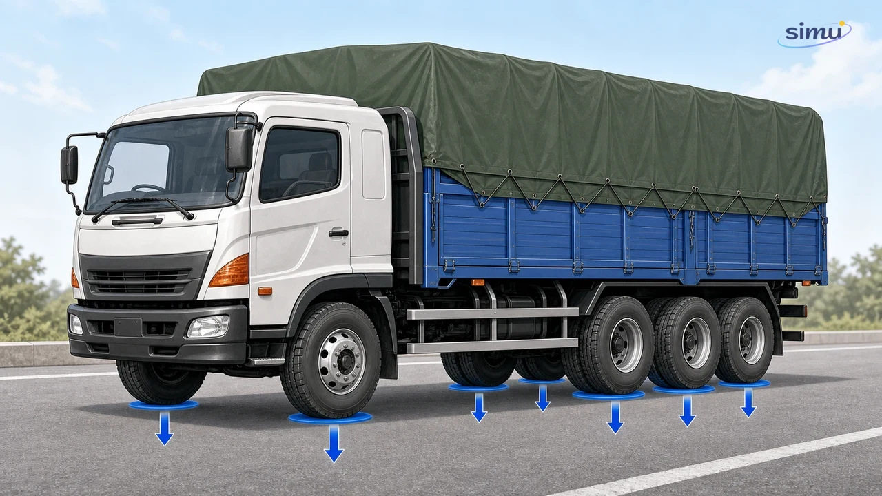 Truk besar dengan banyak roda membagi berat ke beberapa bidang sentuh sehingga tekanan pada jalan lebih kecil