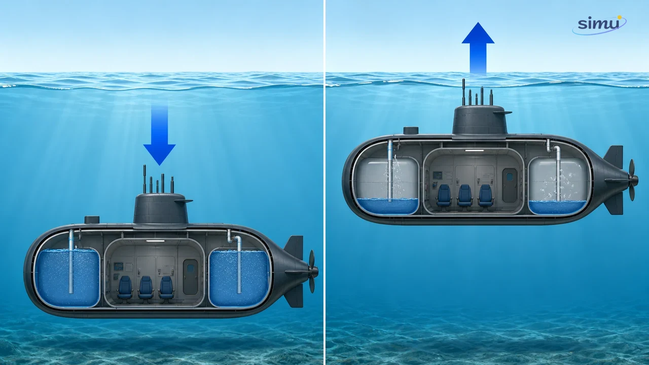 Prinsip kapal selam dengan tangki ballast: air masuk untuk tenggelam, air keluar untuk naik, dan volume air disesuaikan untuk melayang
