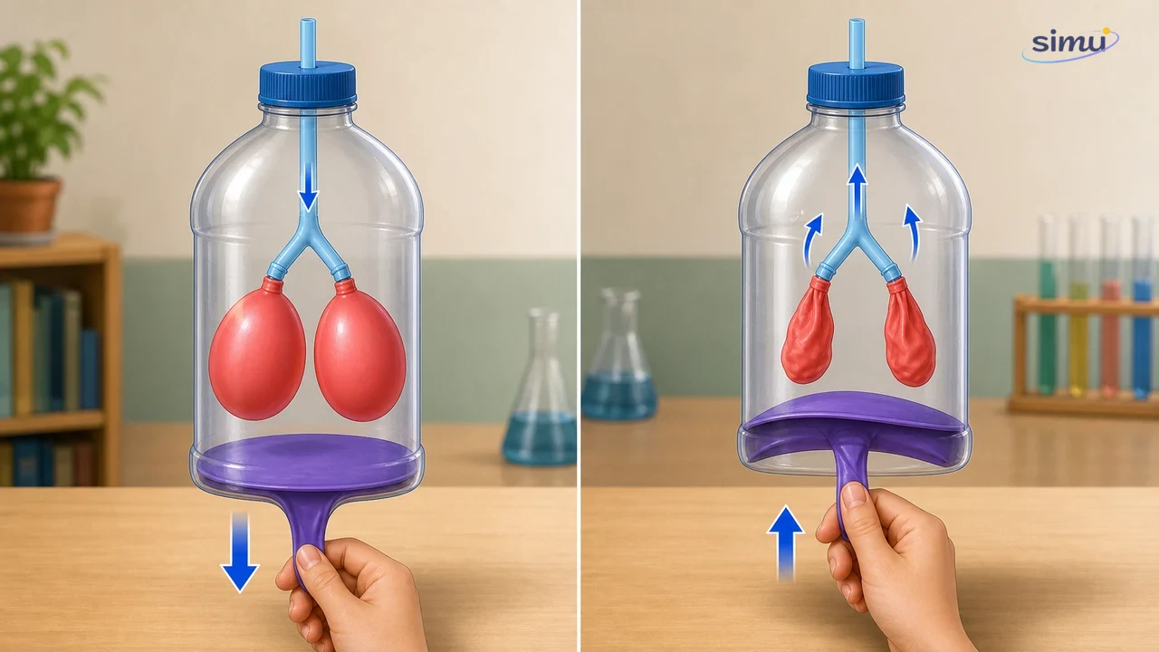 Model paru-paru buatan dari botol, sedotan, dan balon menunjukkan perubahan volume dan tekanan saat diafragma ditarik