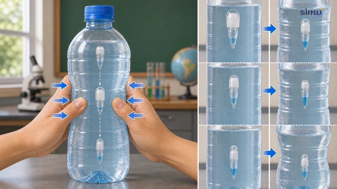 Simulasi penyelam Kartesius dalam botol besar untuk mengamati pengaruh tekanan terhadap keadaan terapung, melayang, dan tenggelam
